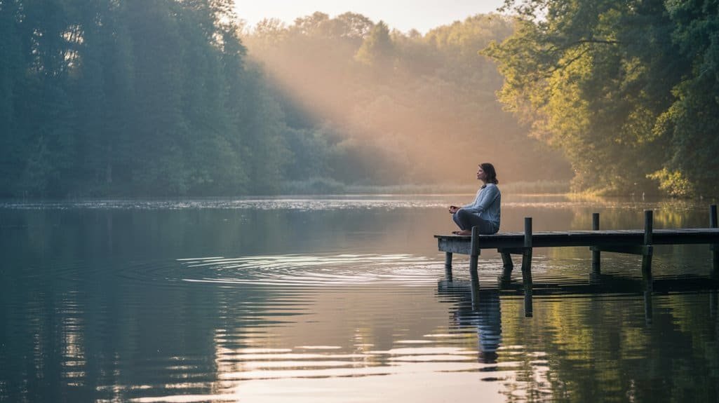 Peaceful woman meditating by the lake at sunrise, reflecting spirituality and serenity inspired by My Bible Song.