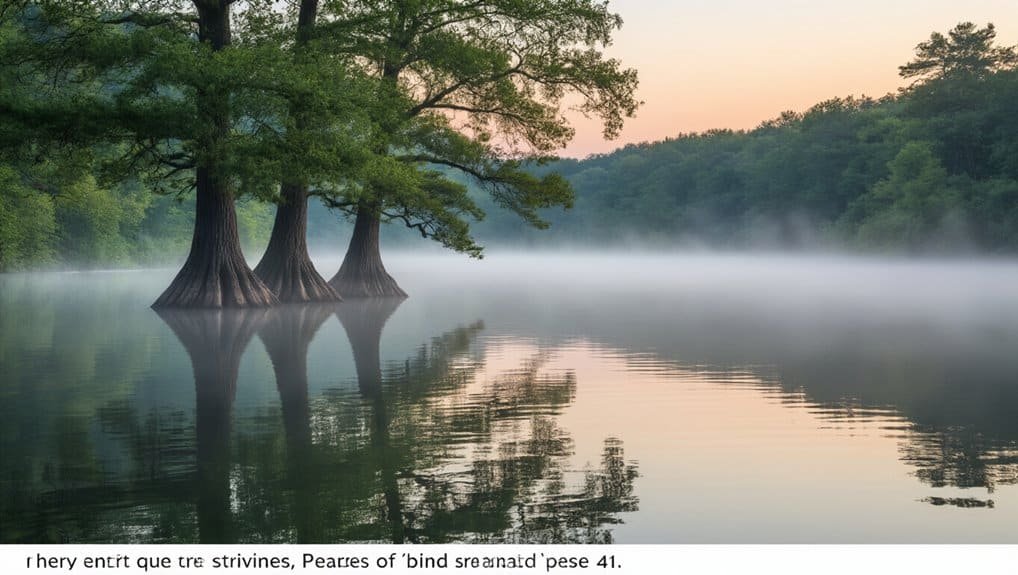 Serene lake with three cypress trees emerging from the water and misty morning sky, emphasizing tranquility and God's creation.