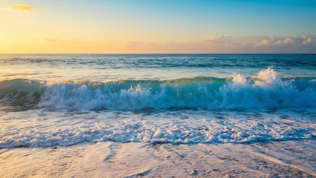 Vibrant ocean waves crashing on sandy beach at sunrise, symbolizing faith and renewal in Christian music and Bible songs from My Bible Song. Perfect for inspiring spiritual growth and worship.