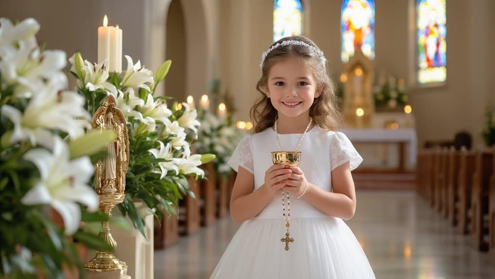 Little girl in white dress holding a golden chalice during a religious ceremony inside church, surrounded by lilies and candles, with stained glass windows in background.