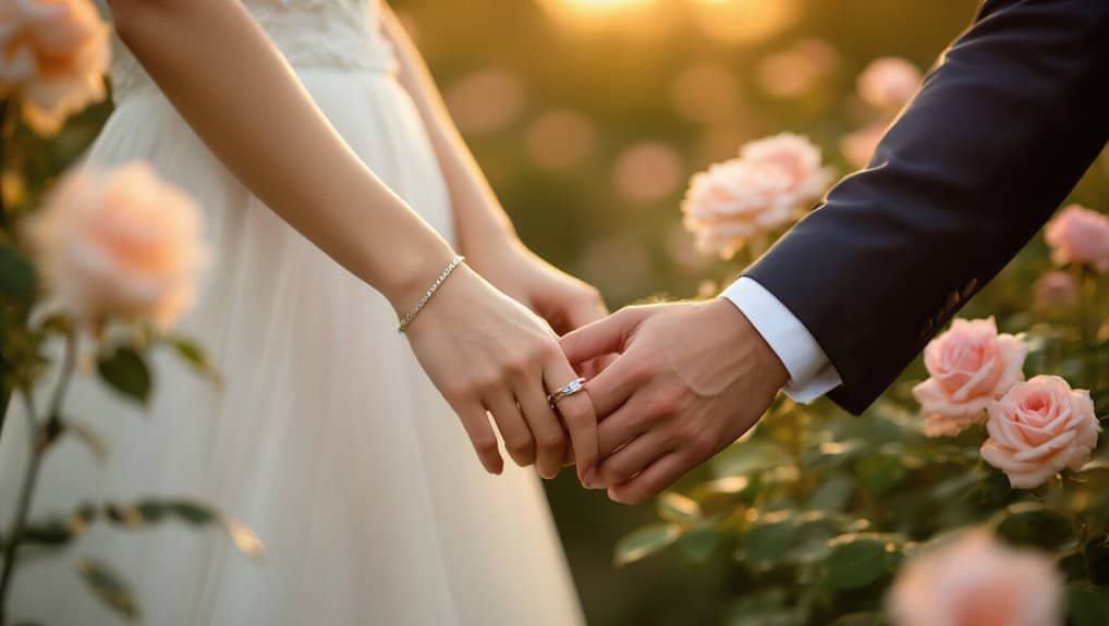 Loving Bible Verses for Partners: Strengthening Your Relationship My Bible Song 2026 Hands of a bride and groom holding each other in a garden of pink roses at sunset, symbolizing love and commitment, with a focus on marriage vows and wedding blessings for Christian couples.