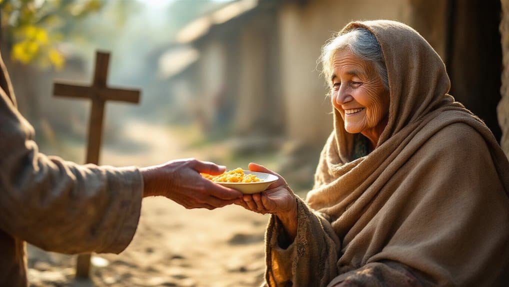 Gentle elderly woman receiving a food offering outdoors, representing kindness and faith, with a cross in the background and warm sunlight.