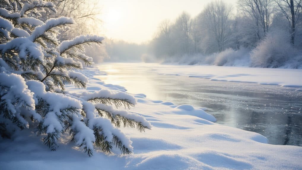 Snow-covered pine tree near a frozen river in a winter landscape during sunrise; peaceful, serene winter scene, perfect for reflecting on faith and spirituality.