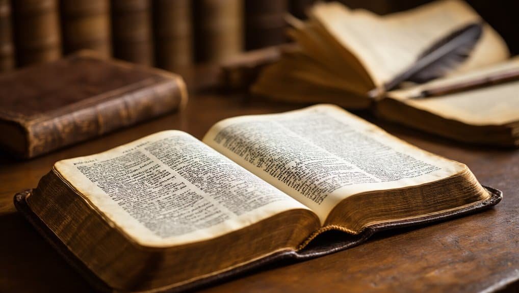 Ancient open Bible on wooden table with other old books, religious scripture, Christian worship, study, and devotion circle, ideal for Bible study or spiritual reflection.
