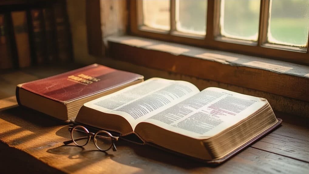 Open Bible on a wooden desk by a window, with reading glasses, symbolizing devotion, scripture study, and Christian faith. Perfect for promoting My Bible Song and spiritual growth.