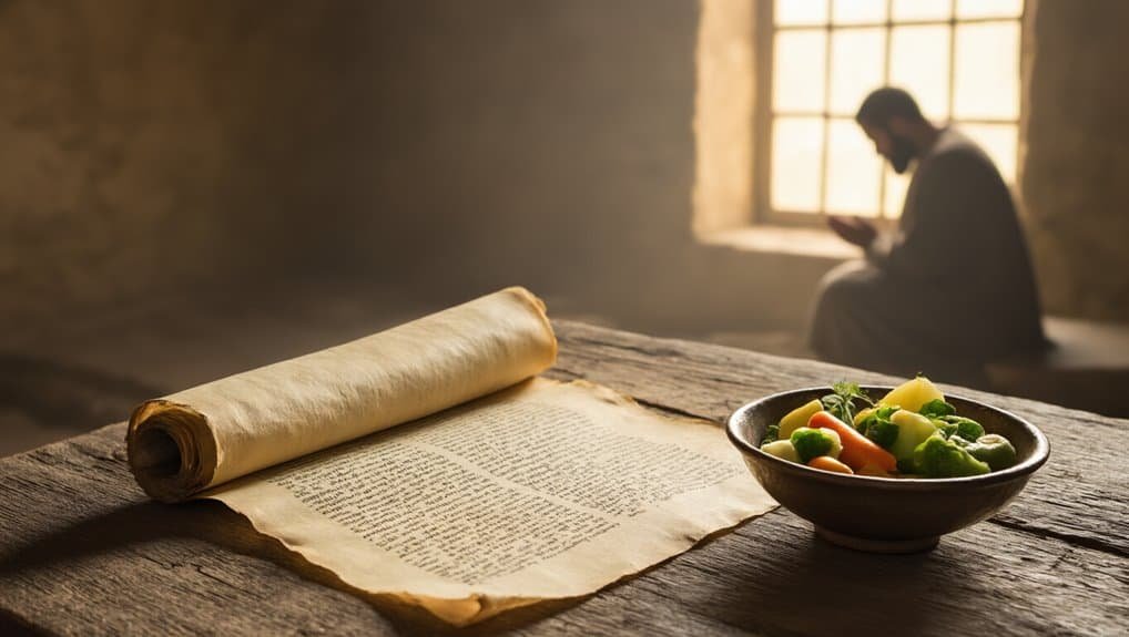 Ancient scroll, bowl of fresh vegetables, and praying man reading scripture in a rustic room with warm sunlight. Perfect imagery for faith, spirituality, and biblical inspiration from My Bible Song.