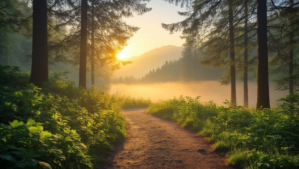 30 Inspirational Morning Bible Verses to Start Your Day with Hope My Bible Song 2026 Serene forest path at sunrise with mist over a lake, symbolizing peace and spirituality for Bible-based worship and prayer.
