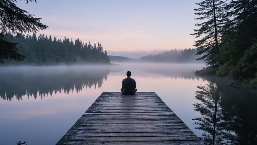Tranquil lake at dawn with a person meditating on a wooden dock, surrounded by pine trees and mist, exemplifying peace and spiritual reflection for Christian inspiration.
