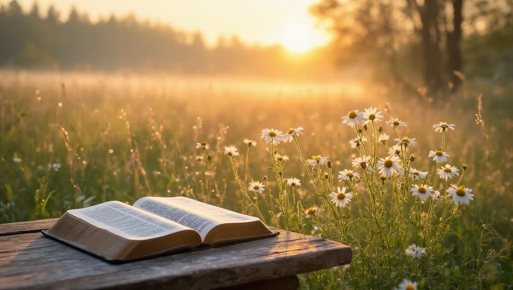 Powerful Morning Bible Verses to Start Your Day My Bible Song 2026 Open Bible on wooden table outdoors in a peaceful meadow during sunrise, with daisies and soft sunlight, representing inspiration, faith, and spiritual growth.