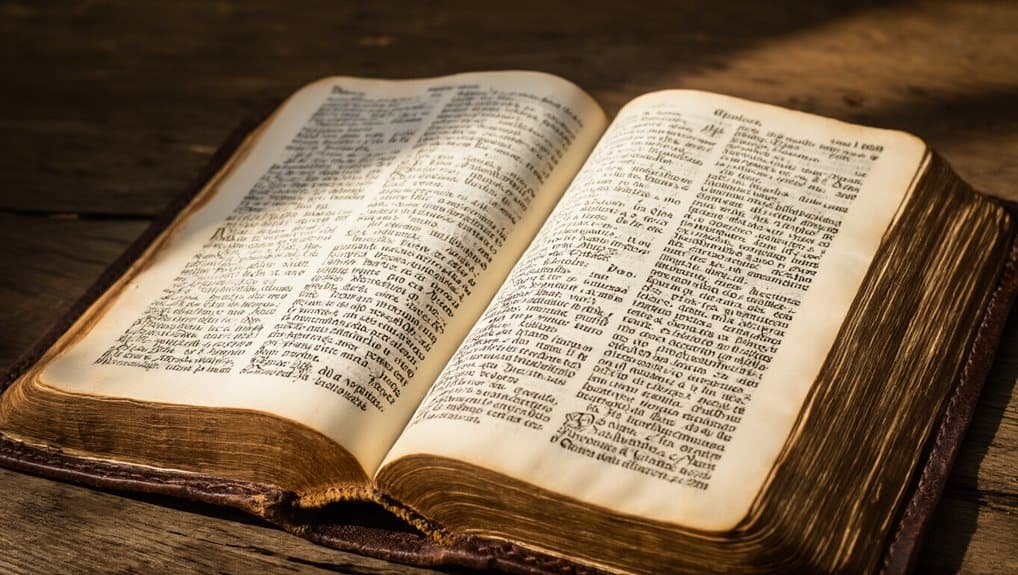 Old leather-bound Bible opened on a wooden surface, emphasizing scripture reading and Christian faith.