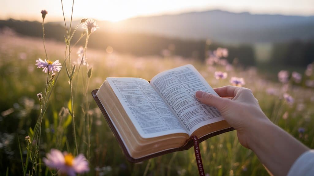 Beautiful open Bible in hand while praying outdoors with the Bible Verse Philippians 4:6 Be Anxious for Nothing