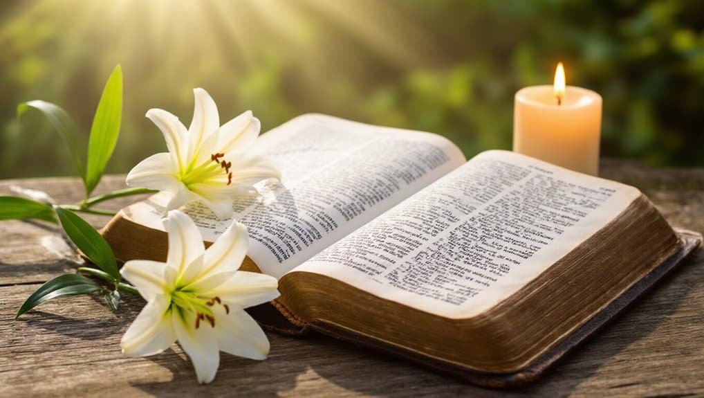 Bible open with lilies and a candle, symbolizing worship and devotion, perfect for religious and spiritual imagery related to My Bible Song and Christian music.