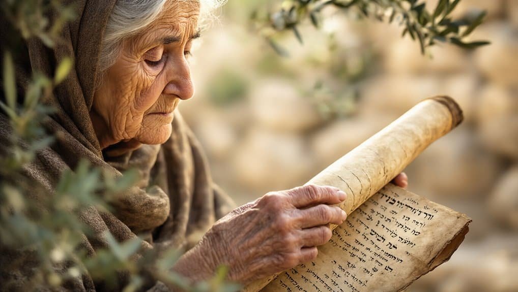 Understanding the Biblical Meaning of Widowhood My Bible Song 2026 Old woman reading ancient Hebrew scripture outdoors, emphasizing faith and biblical heritage.