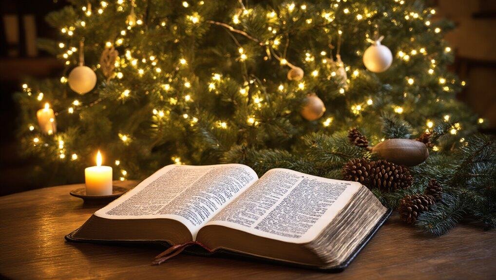 Bible open on a wooden table with Christmas tree decorated with lights and ornaments in the background, creating a warm and festive spiritual atmosphere.