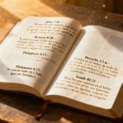 Colorful open Bible on rustic wooden table with sunlight, highlighting scripture verses like John 3:16, Romans 8:28, Philippians 4:13, Proverbs 3:5-6, Isaiah 40:31, emphasizing Christian faith and biblical teachings for spiritual growth.