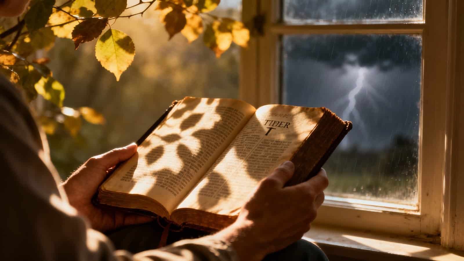 Finding Comfort in the Bible Verse I Am With You Always My Bible Song 2026 Bible reading outdoors with sunlight and stormy weather in the background, symbolizing faith and hope through scripture.