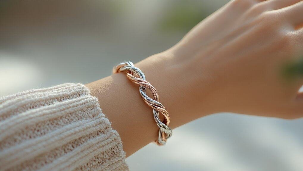 Shiny silver and rose gold intertwined bracelet on a woman's wrist, symbolizing faith and spirituality, captured in soft natural light.