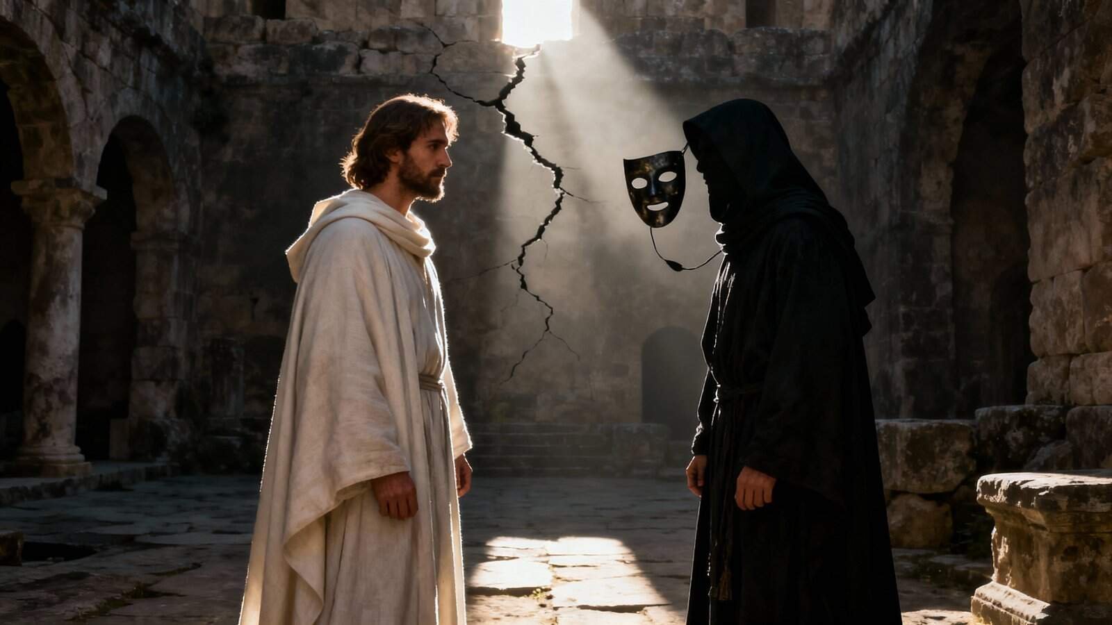 Deep in ancient ruins, a man dressed as Jesus confronts a mysterious figure in a black hooded cloak holding a theatrical mask, symbolizing themes of faith, temptation, and divine judgment.