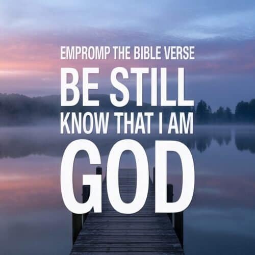 Soothing sunrise over a calm lake with a wooden dock, featuring an inspirational Bible verse about faith and God's presence from My Bible Song.