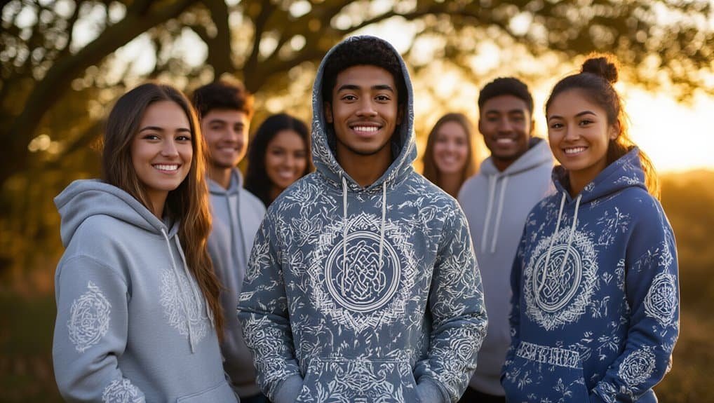Youth group outdoor prayer, diverse teenagers wearing hoodies with religious symbols, smiling at sunset in a park, promoting faith, community, and spiritual connection.