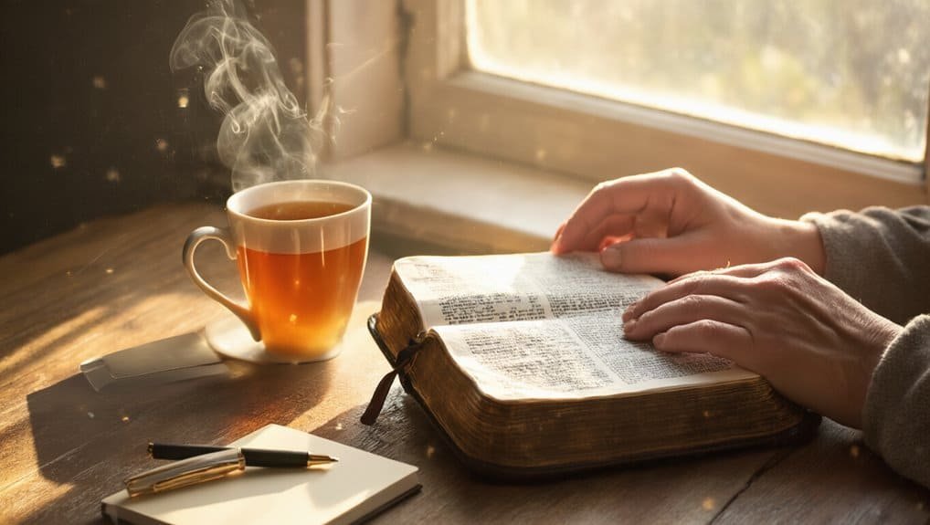 Peaceful moment of reading the Bible with a hot cup of tea on a sunny windowsill, emphasizing devotion and spiritual growth through My Bible Song.