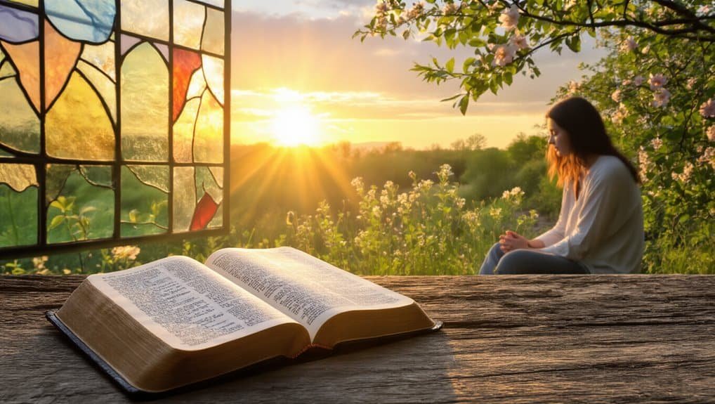 Bible prayer outdoor sunlight serenity faith spirituality worship prayer reflection tranquility Christian worship, peaceful outdoor setting, spiritual inspiration, divine connection, hope and prayer, nature and faith, religious devotion, biblical reflection, soul peace, Christian retreat, worship in nature, prayerful meditation.