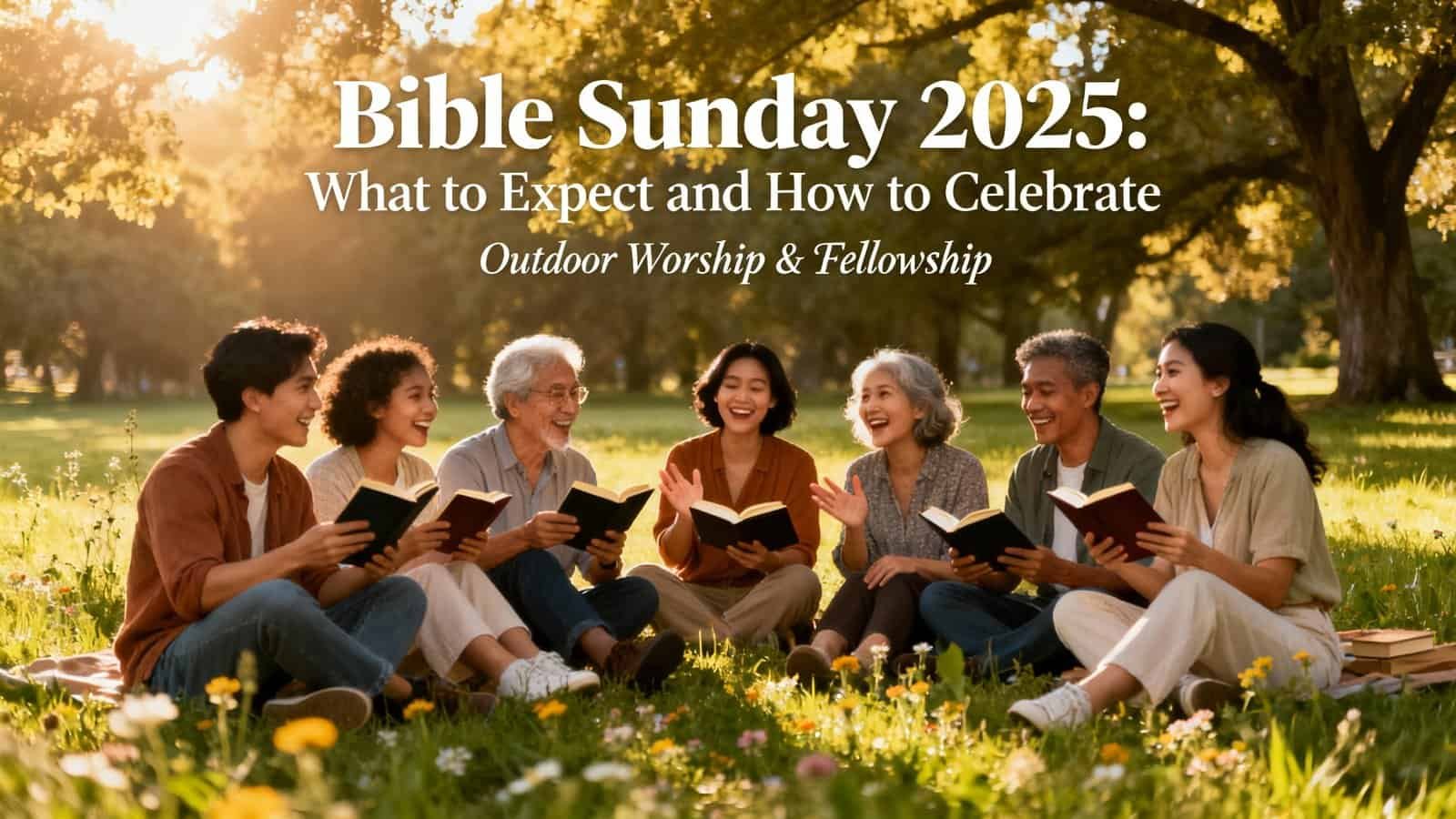 Children and adults outdoor worshipping together with Bibles during a sunny day in a park, emphasizing community and faith for Bible Sunday 2025.