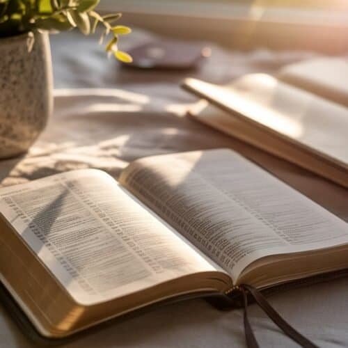 Bible open on a table with sunlight, prayer, and worship, demonstrating faith, spiritual growth, and Christian devotion, ideal for Bible study, prayer, and religious inspiration.