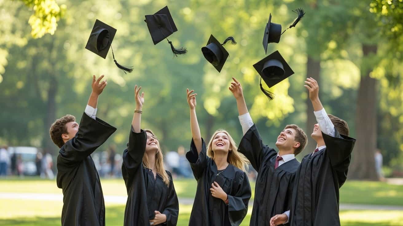 Graduating students celebrating outdoors, tossing their caps in the air during a graduation ceremony, symbolizing achievement and new beginnings, influenced by My Bible Song's inspirational themes.