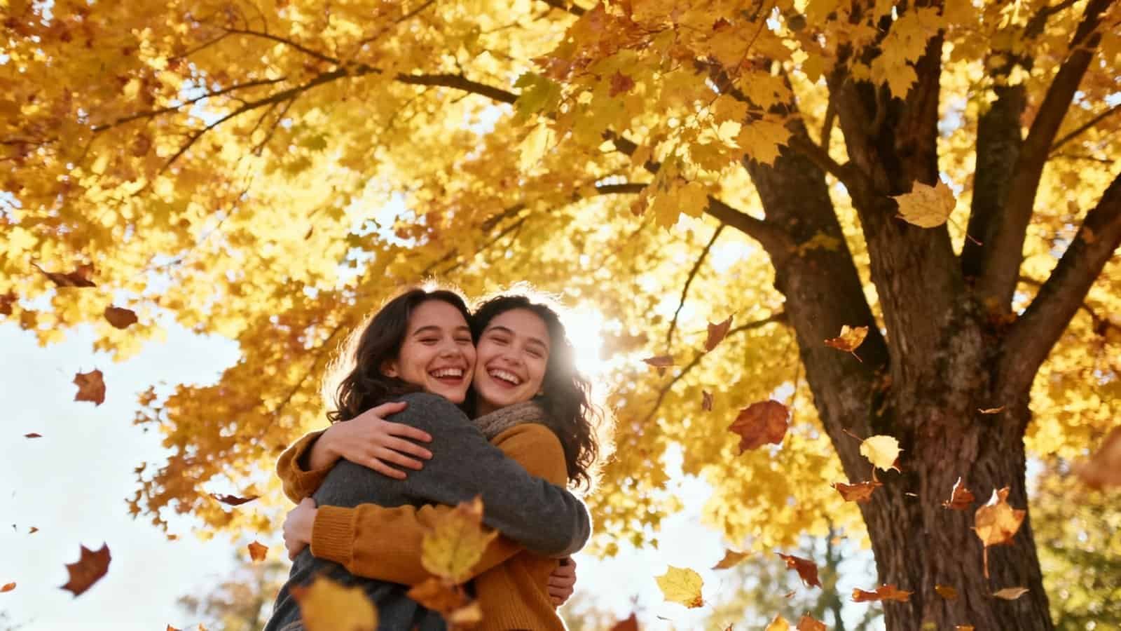 Golden autumn leaves falling around smiling young women embracing under a large yellow tree, outdoor scene, joyful fall day for nature lovers and family moments.