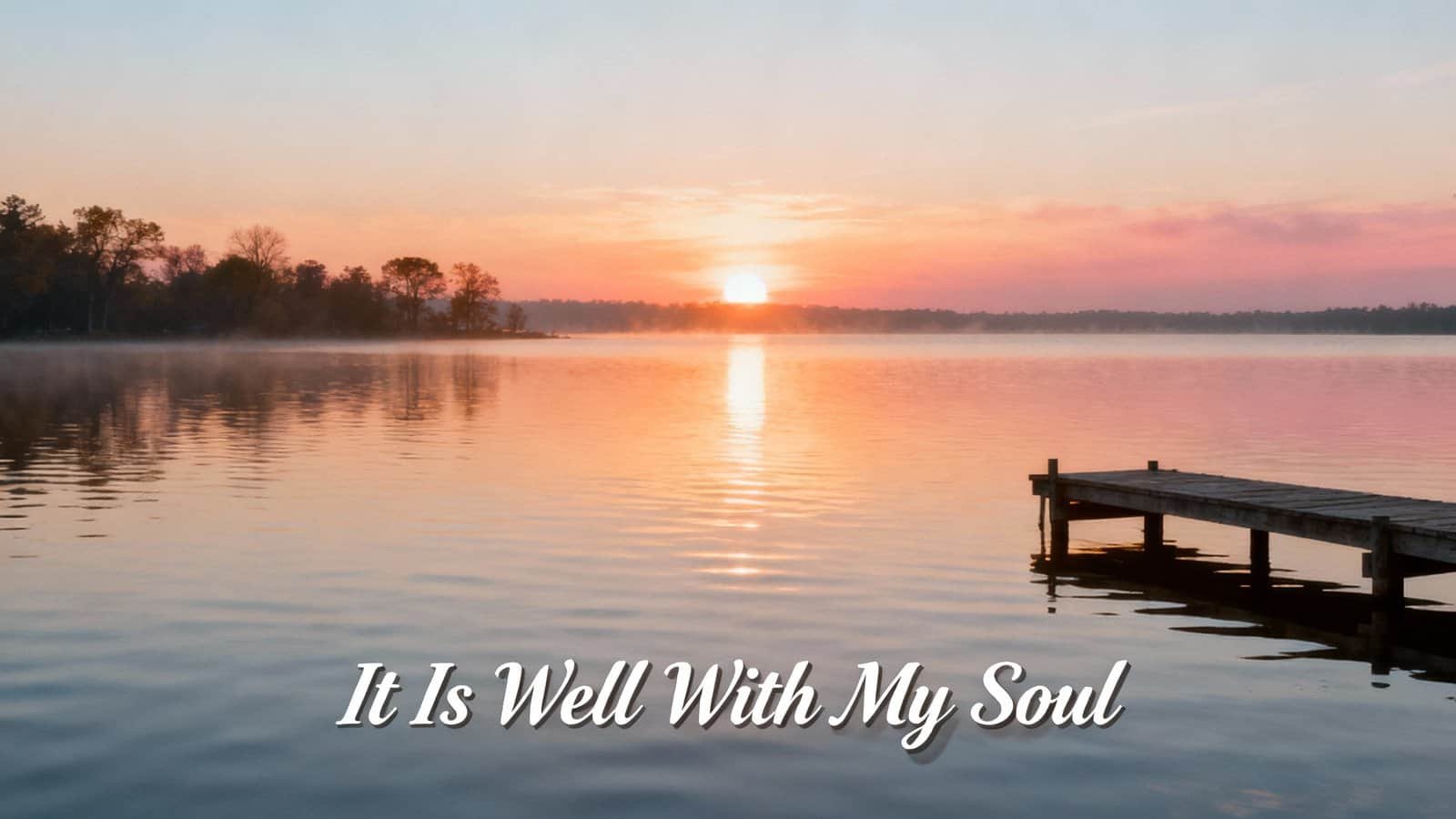 Peaceful lake sunset with pier, inspiring nature scene, calming water, sunset glow, reflection, tranquil outdoor landscape.