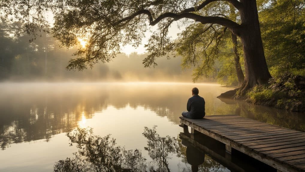 Embrace the Bible Verse Be Still and Know That I Am God My Bible Song 2026 Peaceful person meditating by a calm lake during sunrise with trees and mist, reflecting serenity and spirituality, promoting faith and Bible songs from My Bible Song.