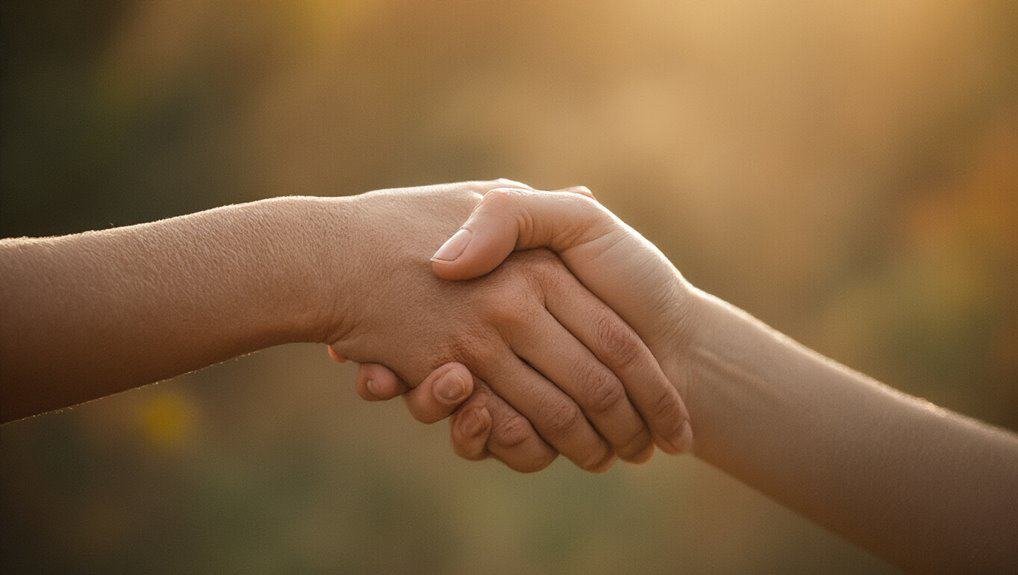 Hope and faith hand in hand, embrace in friendship, unity, and spiritual connection, representing trust, support, and love through a heartfelt handshake in a warm outdoor setting.