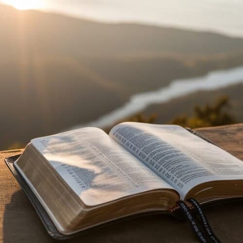 Bible open on wooden table during sunrise over scenic mountains and river, symbolizing faith, spirituality, and devotion. Perfect for faith-based content and Christian inspiration.