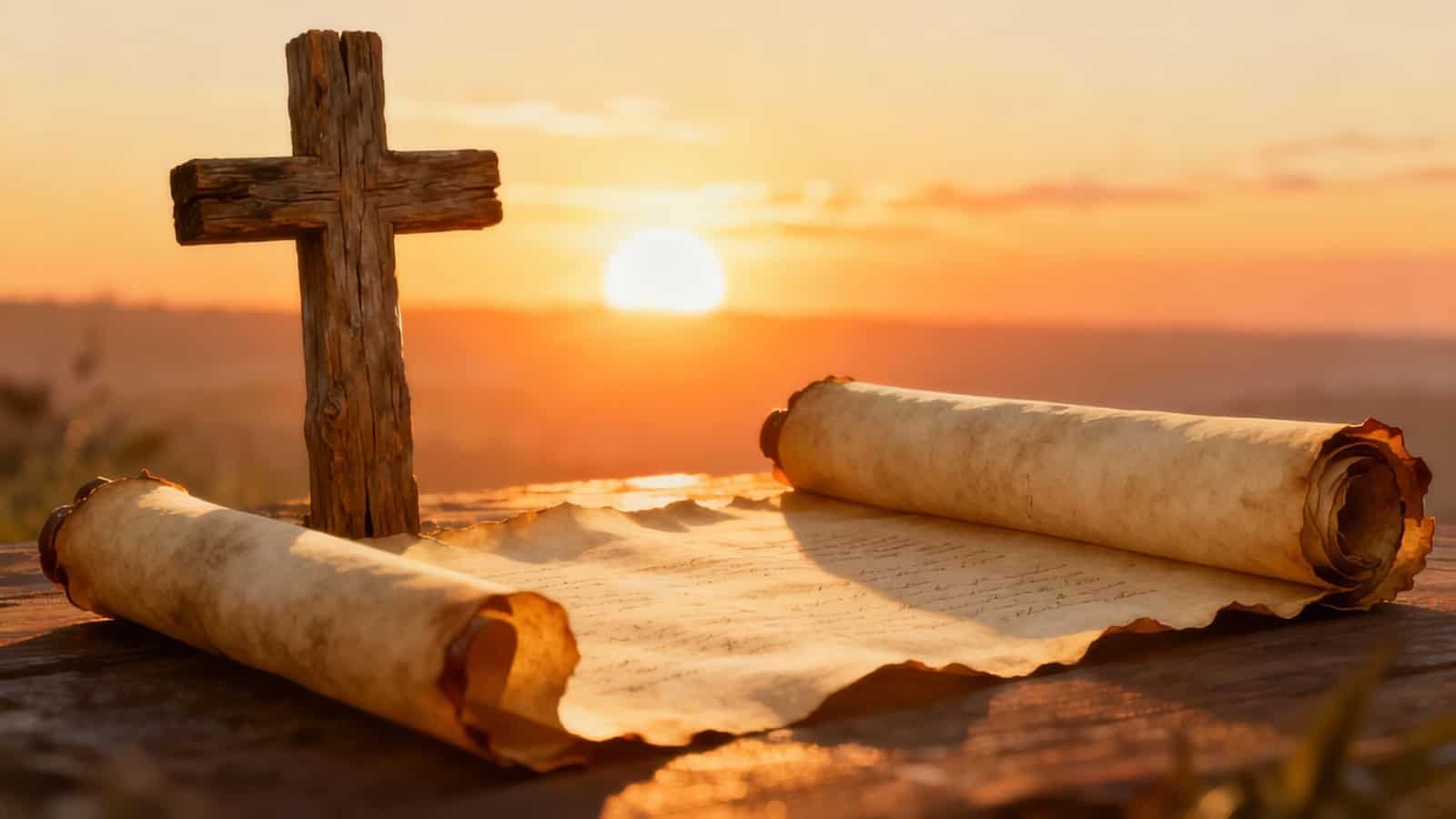 Wooden cross and ancient scrolls on a table at sunset symbolizing biblical faith and prayer; ideal for Christian worship, Bible study, and religious inspiration.