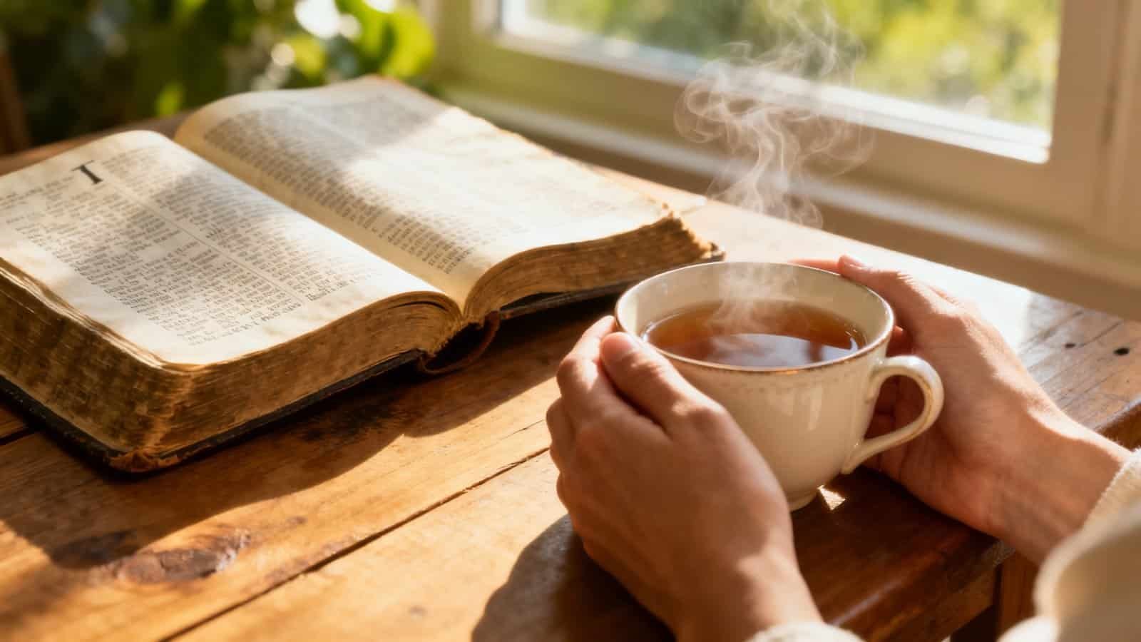Finding Comfort in the Bible Verse I Am With You Always My Bible Song 2026 Bible open and steaming cup of tea on rustic wooden table with sunlight through window, emphasizing spiritual reflection and peaceful worship moments.