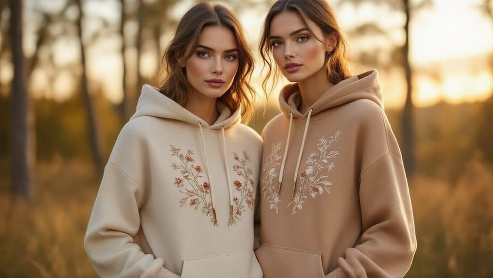 Soft beige hoodies with floral embroidery, worn by two young women in an outdoor sunset setting, emphasizing casual comfort and style. Perfect for fall or outdoor activities, highlighting fashionable hoodies.