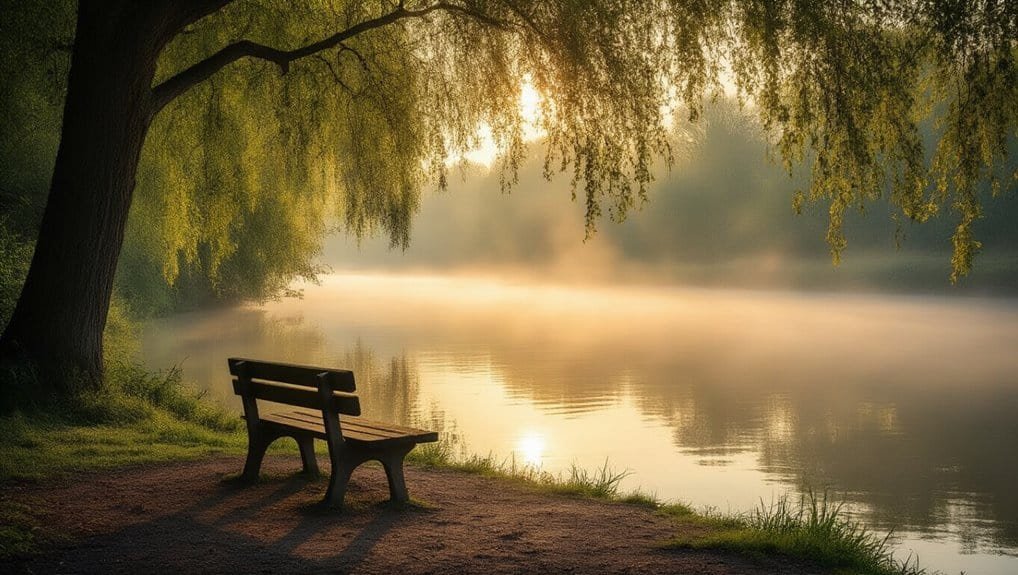 Serene lakeside scene with a wooden bench under a large, leafy tree during sunrise or sunset, embodying peaceful reflection and spiritual serenity.