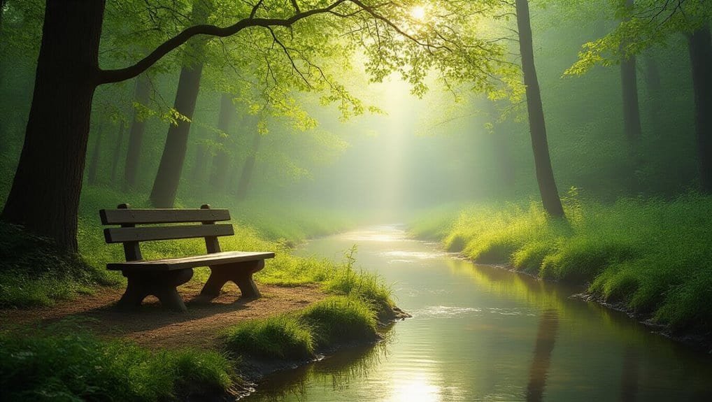 Serene forest scene with wooden bench by a peaceful river, sun rays shining through lush green trees, ideal for meditation and reflection, promoting spiritual peace and tranquility for Bible song inspiration.