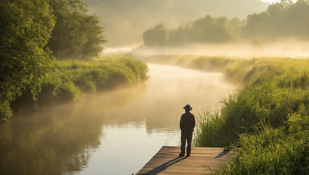 7 Essential Bible Verse Numbers for Daily Inspiration My Bible Song 2026 Serene early morning scene of a person standing on a wooden dock by a misty river, surrounded by lush greenery and soft sunlight, perfect for relaxing and spiritual reflection.