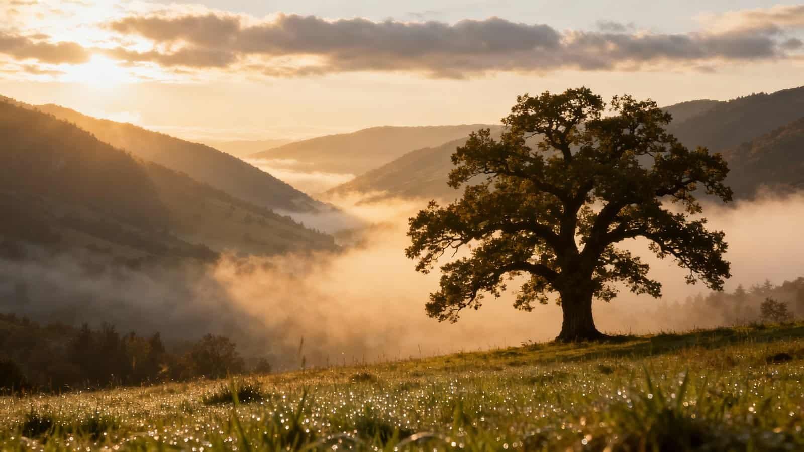 Serene sunrise over misty mountains with a solitary tree, symbolizing faith and devotion; perfect for promoting Christian music and Bible songs online.