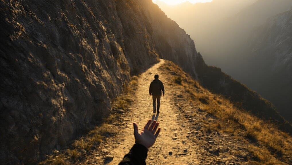 Walking on a mountain path with a person ahead and a hand reaching out in the foreground, representing spiritual journey and faith.