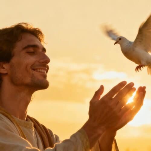 What Does the Bible Verse Rejoice in the Lord Always Mean for Faith? My Bible Song 2026 Peaceful man releasing doves at sunset, symbolizing joy and spiritual freedom, in a serene religious imagery associated with My Bible Song and Christian worship.