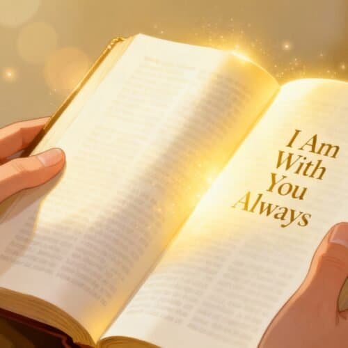 I Am With You Always prayer, uplifting Christian faith, Bible open in hands, divine light, spiritual encouragement, religious devotion, God’s presence, inspirational scripture, prayer time, holy Bible reading, spiritual growth.
