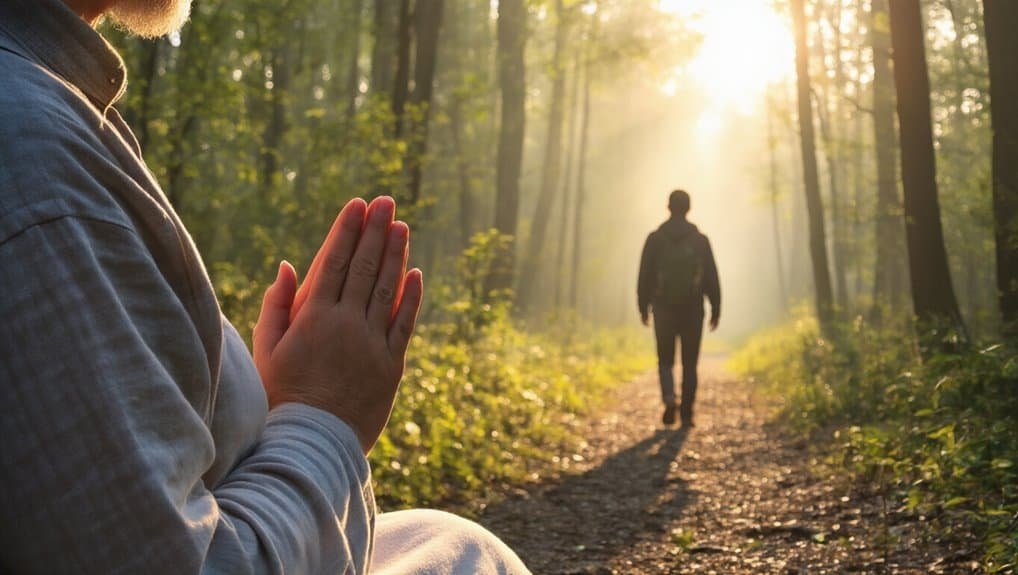 What Does Pray Without Ceasing Mean in 1 Thessalonians 5:17? My Bible Song 2026 Peaceful person praying outdoors in tranquil forest at sunrise, experiencing faith and spiritual connection.