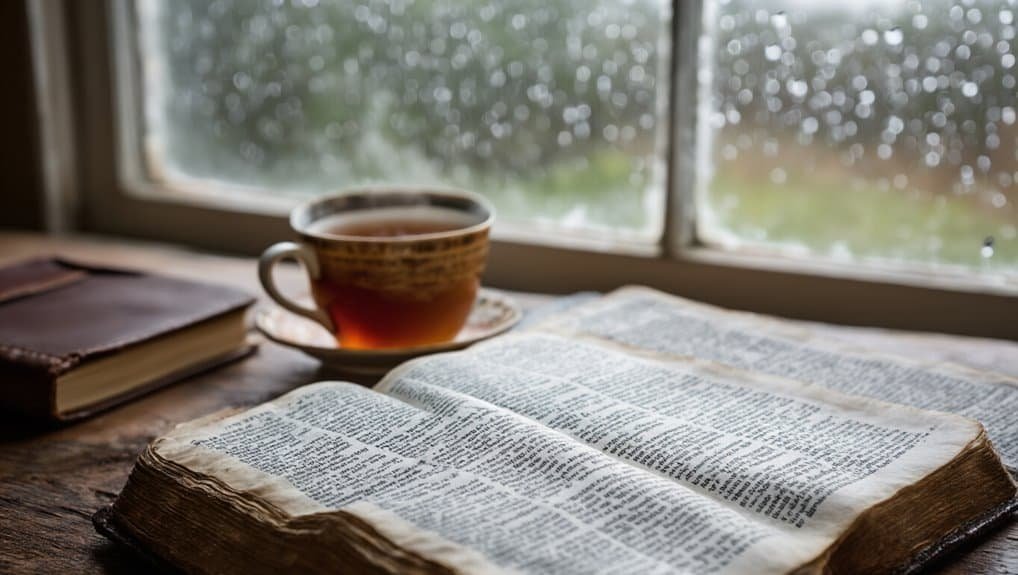 Finding Bible Verses for Strength in Difficult Times My Bible Song 2026 Bible open on a wooden table near a window with raindrops, accompanied by a cup of tea and a closed Bible, creating a peaceful setting for prayer and spiritual reflection.
