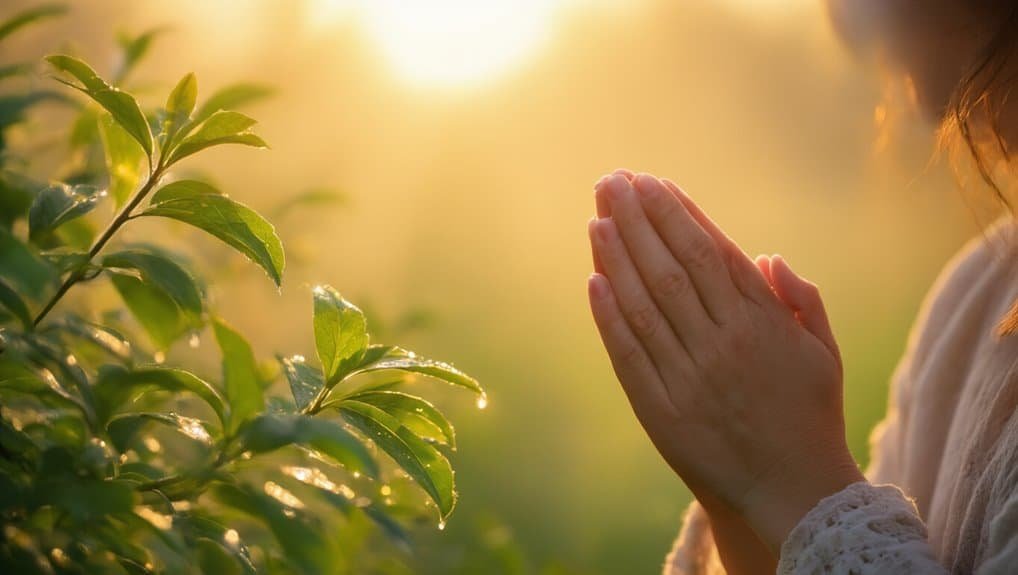A prayerful person with hands clasped in prayer outdoors at sunrise or sunset, symbolizing faith and devotion for Christian children and families seeking religious inspiration on My Bible Song.