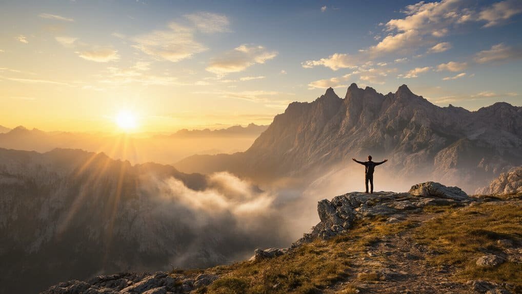 A breathtaking mountain landscape at sunrise with a person standing on a rocky outcrop with arms wide open, capturing the beauty and spirituality of nature in a serene, awe-inspiring moment.
