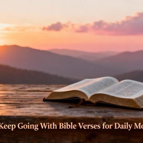 Open Bible on wooden table with mountain sunset background, inspiring Christian worship scene.