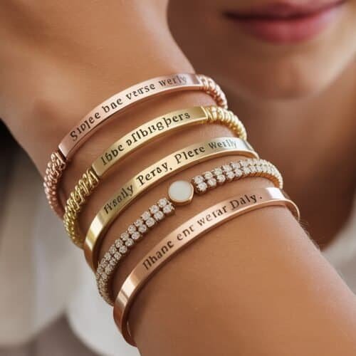 Bracelet stack featuring inspirational Christian quotes on various metal bangles, worn on woman's wrist, representing faith and gratitude.